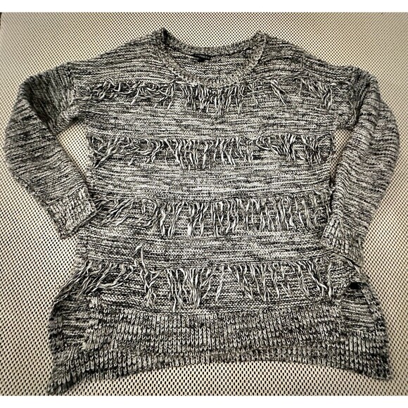 Express Womens Fringe Sweater Gray Tunic Size S Marled Chunky Knit Black White - Picture 15 of 16